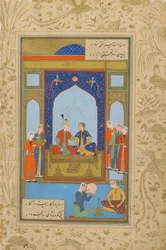 ヤミによるユスフ・ズライカのフォリオ（d。1492）; verso：PotipharおよびZulaykha Enthroned;直訳：テキスト、Khurasan、イラン、c.1575（不透明な水彩、インク、紙の上の金）